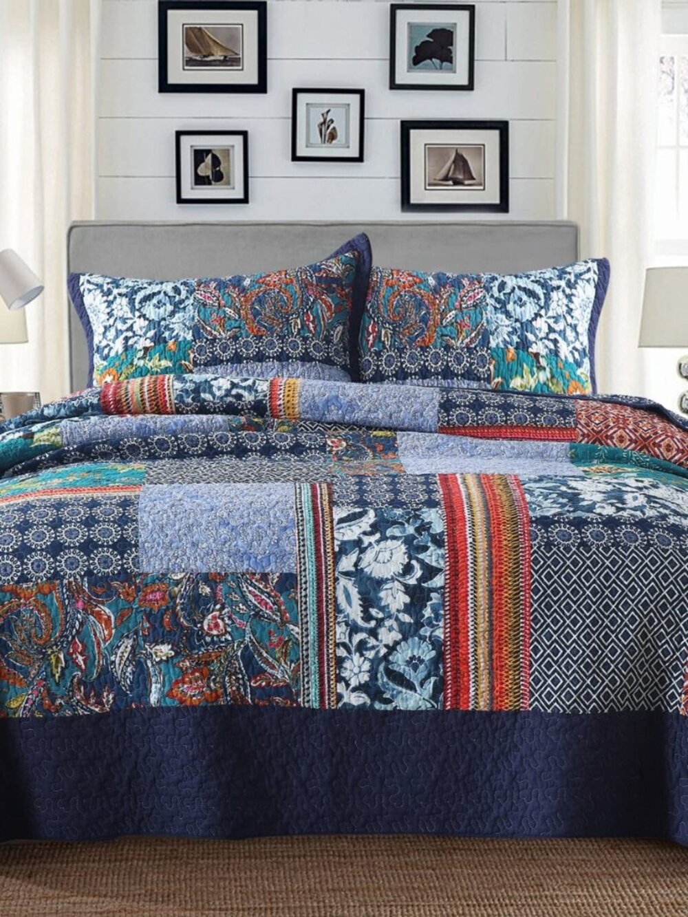 King Quilt Set Reversible Lightweight Bohemian Paisley Patchwork Cotton Quilted
